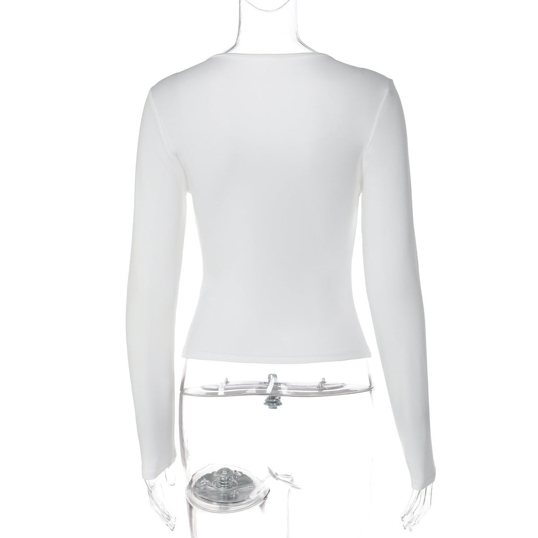 Long sleeve lace hem solid self tie top