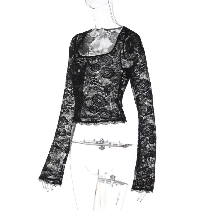 Long sleeve lace square neck see through top