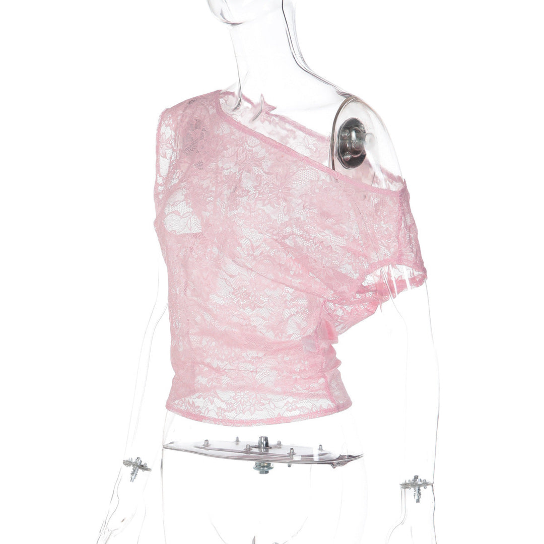 One shoulder irregular lace see through top