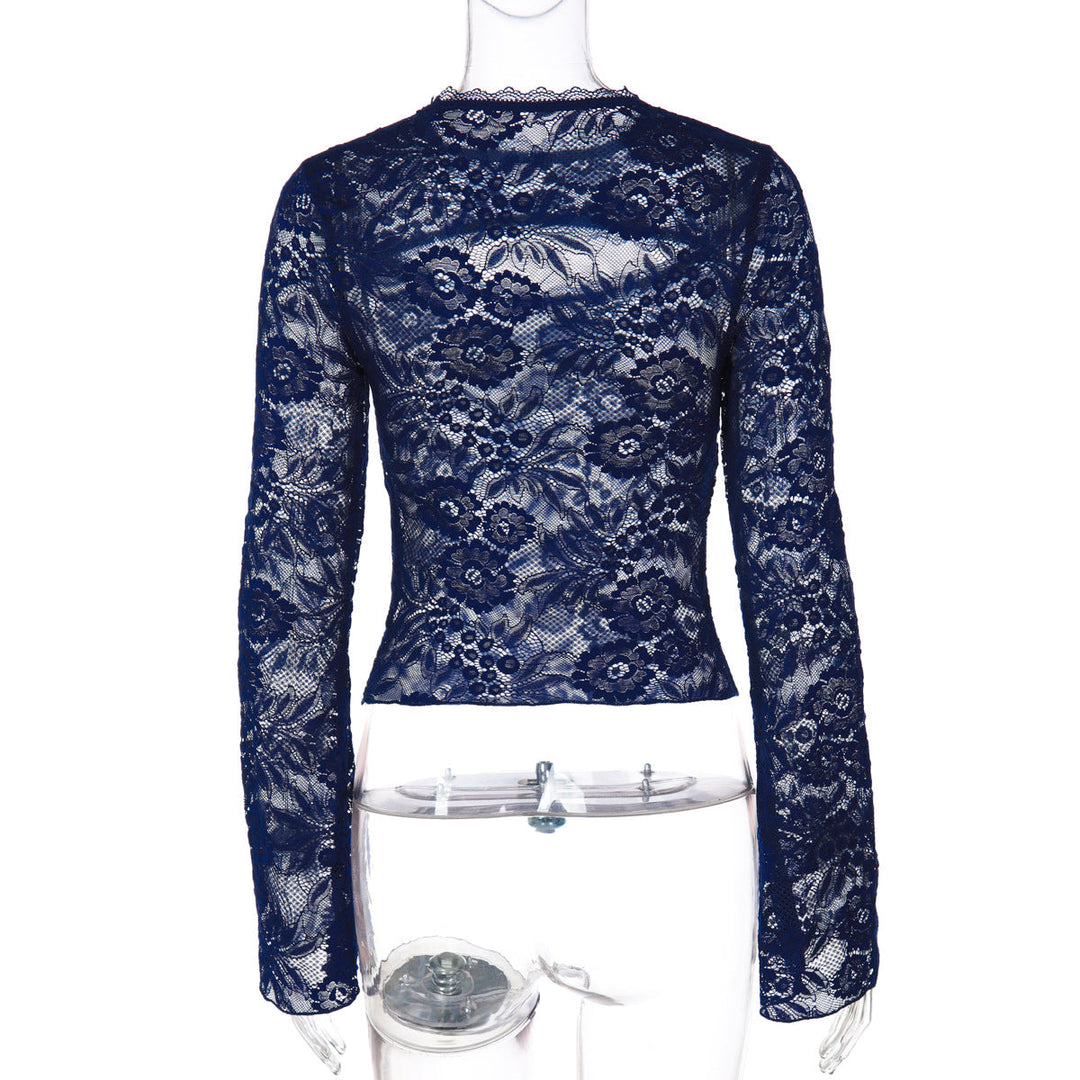 Lace hollow out long sleeve see through top