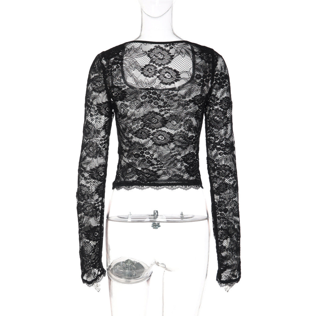 Long sleeve lace square neck see through top
