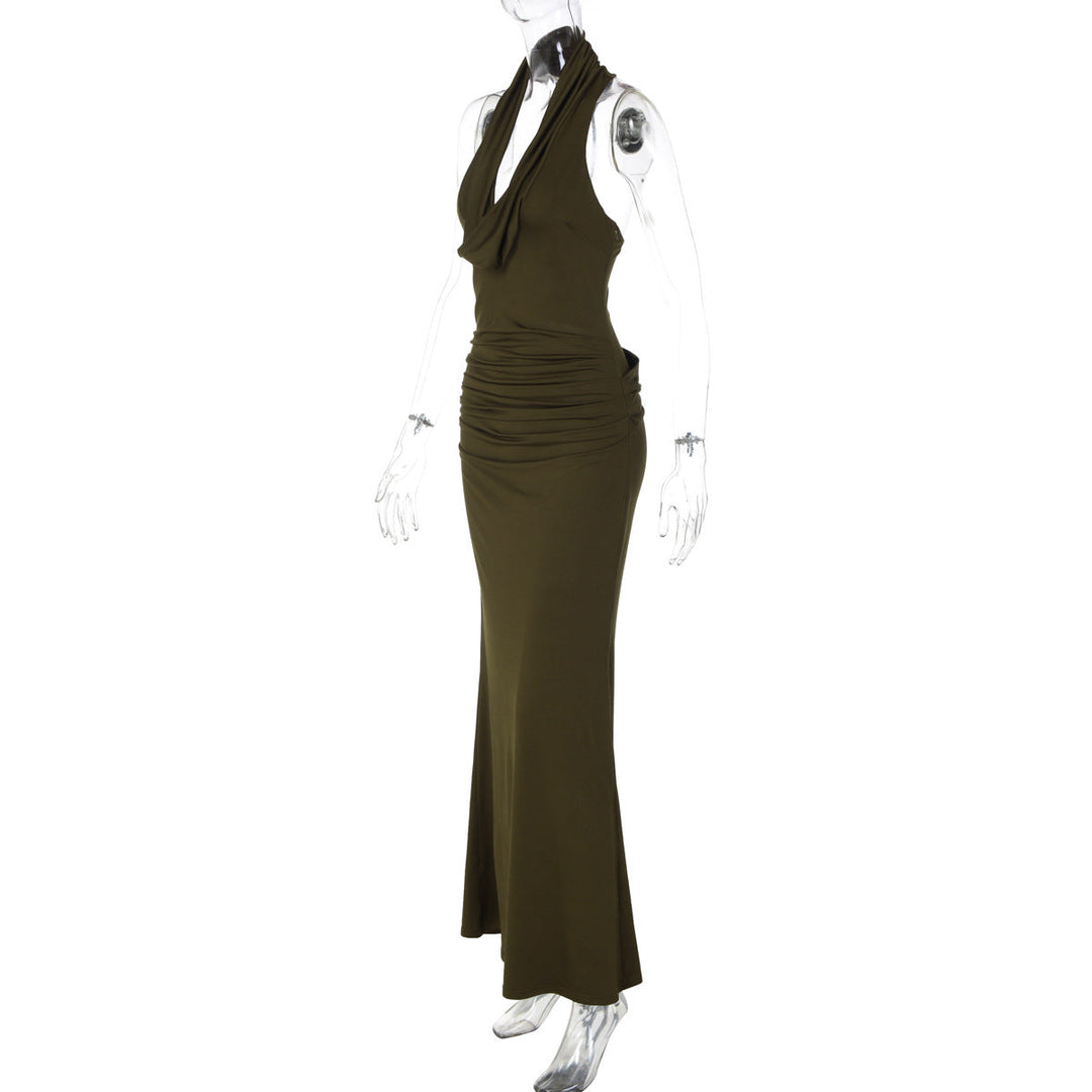 Ruched cowl neck backless solid maxi dress