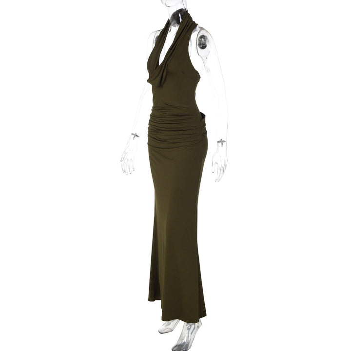 Ruched cowl neck backless solid maxi dress