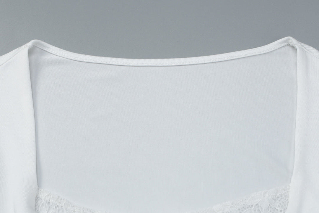 Long sleeve lace hem solid self tie top