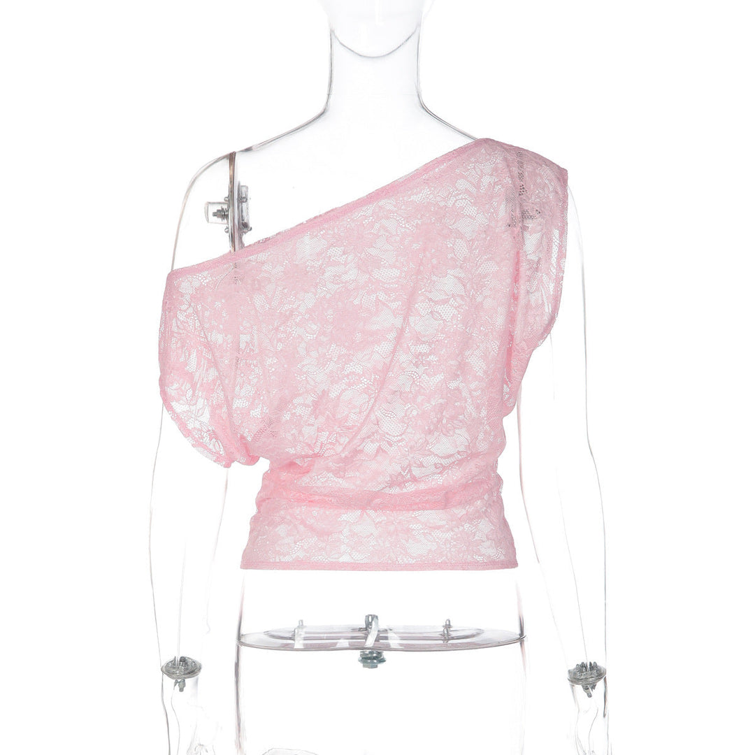 One shoulder irregular lace see through top