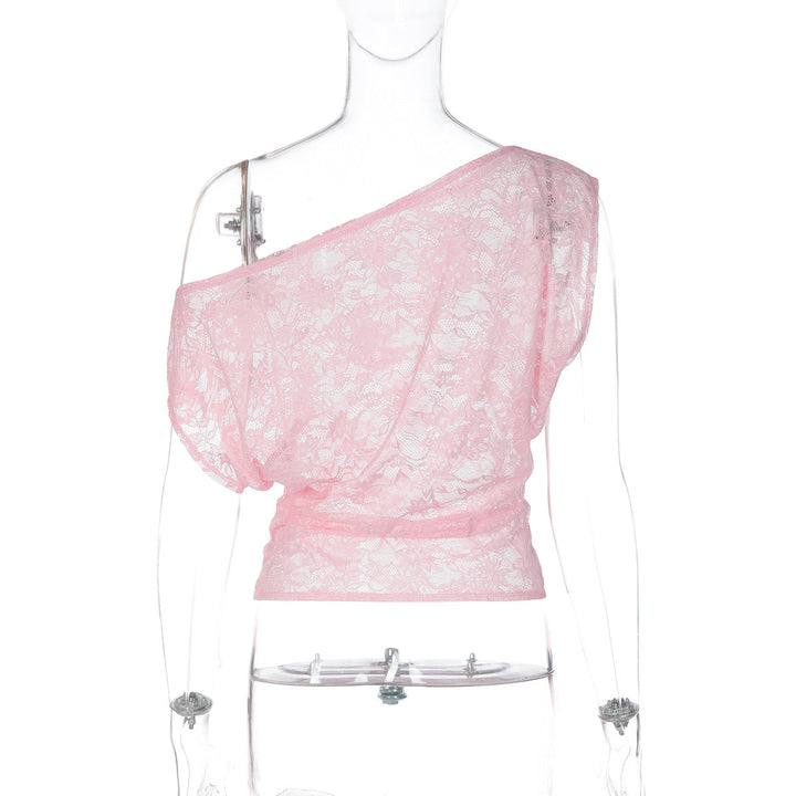 One shoulder irregular lace see through top
