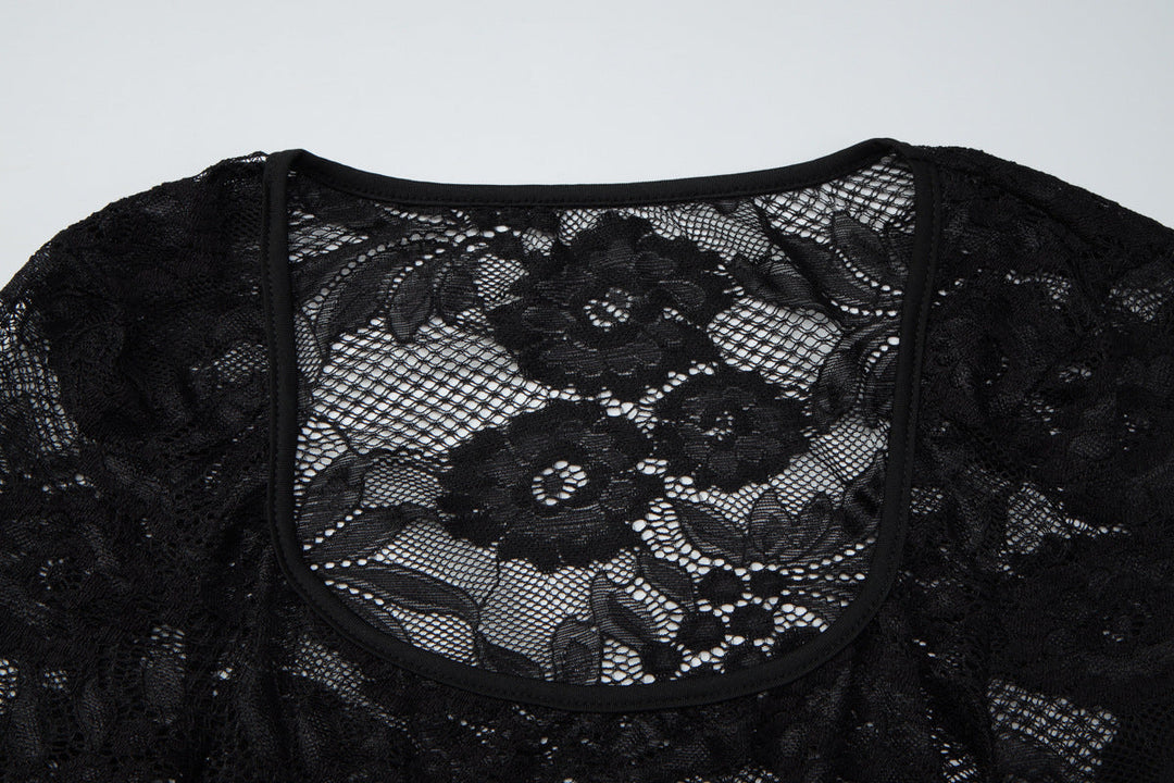 Long sleeve lace square neck see through top