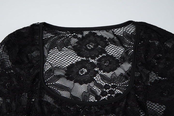 Long sleeve lace square neck see through top