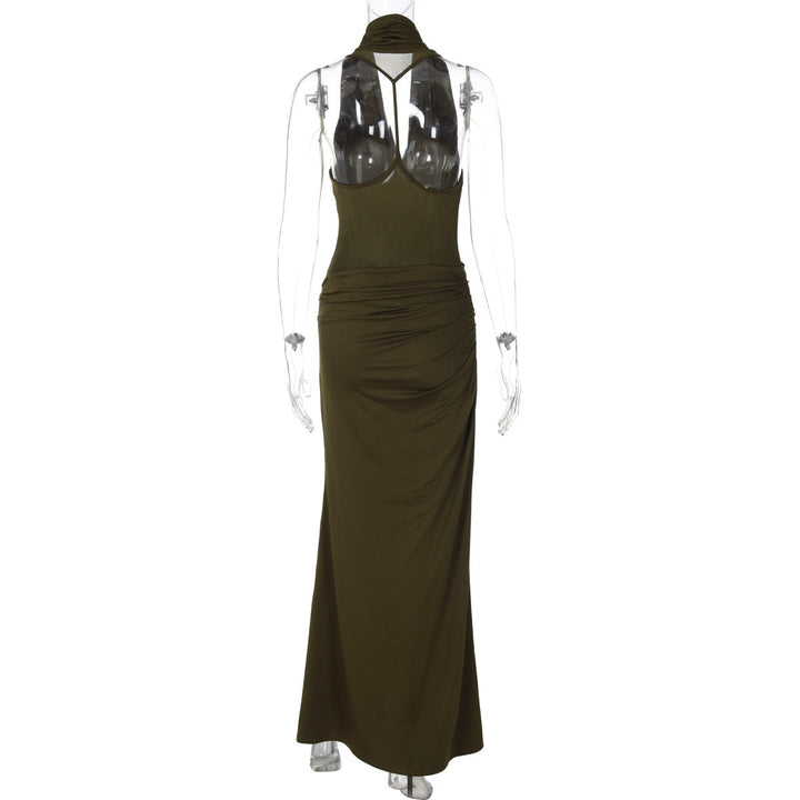 Ruched cowl neck backless solid maxi dress