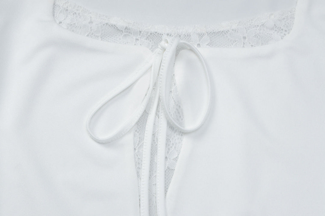 Long sleeve lace hem solid self tie top