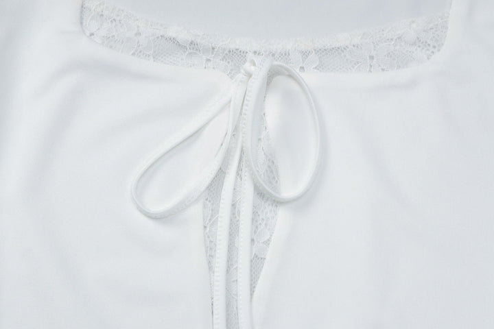 Long sleeve lace hem solid self tie top