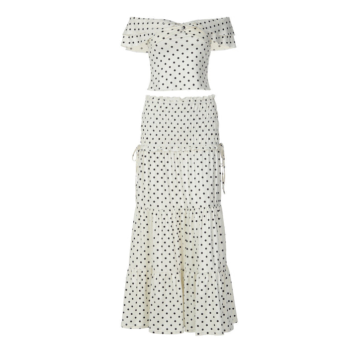 Polka dot ruffle off shoulder self tie maxi skirt set