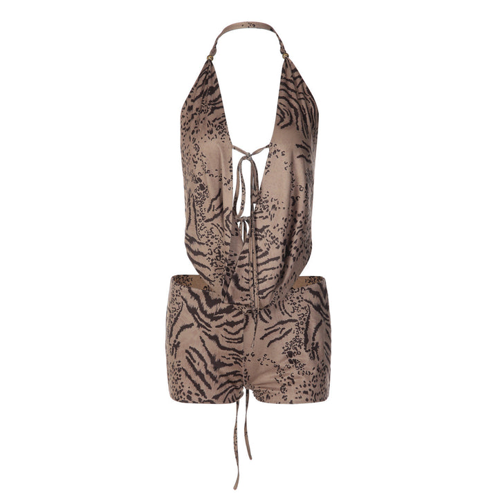 Halter self tie hollow out tiger print pant set