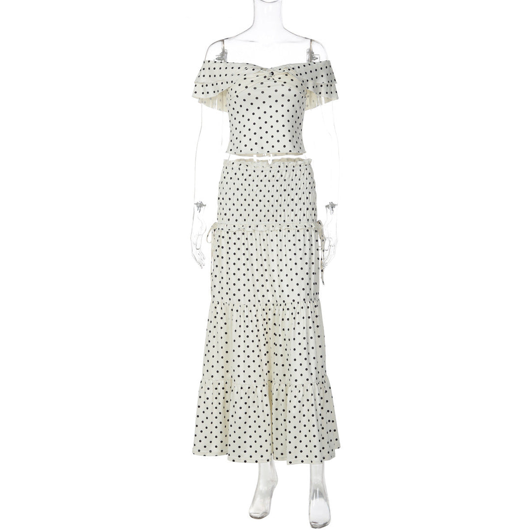 Polka dot ruffle off shoulder self tie maxi skirt set