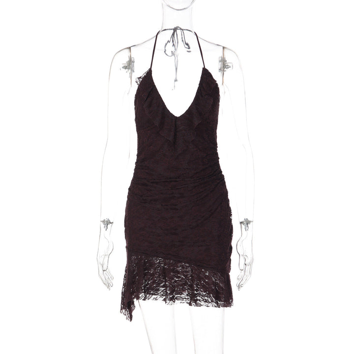Halter self tie v neck ruffle lace ruched mini dress