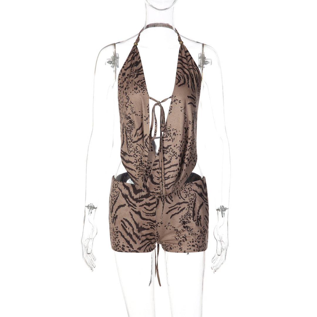 Halter self tie hollow out tiger print pant set
