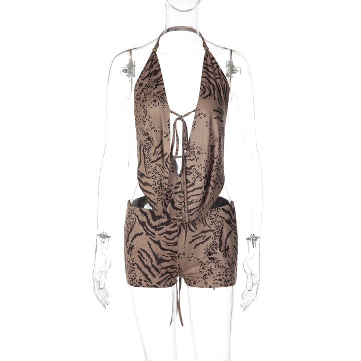 Halter self tie hollow out tiger print pant set