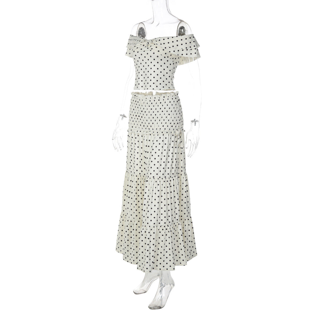 Polka dot ruffle off shoulder self tie maxi skirt set