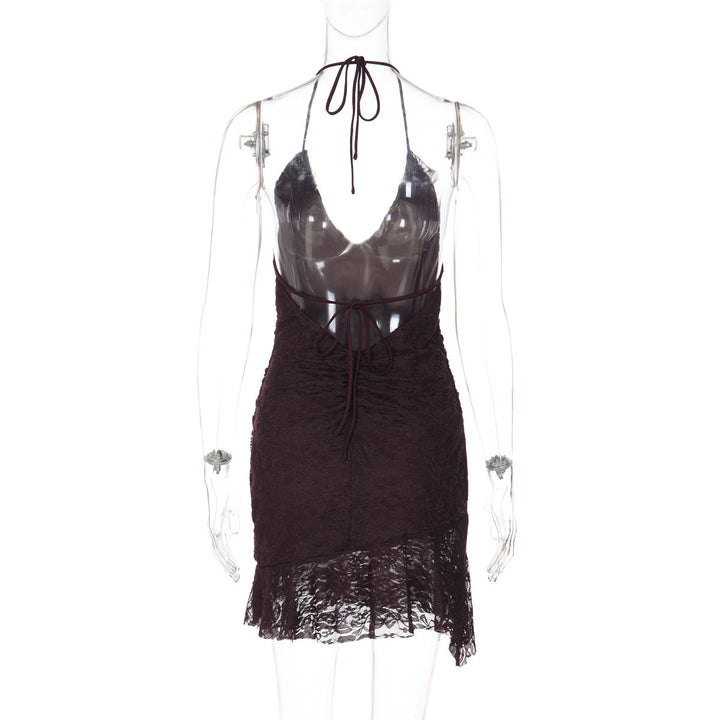 Halter self tie v neck ruffle lace ruched mini dress