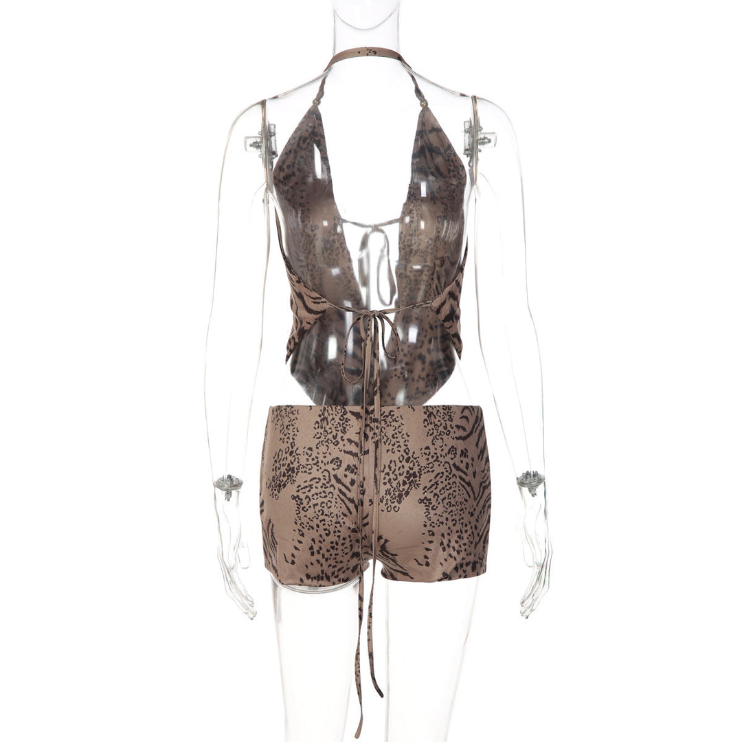 Halter self tie hollow out tiger print pant set