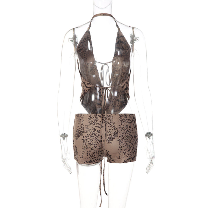 Halter self tie hollow out tiger print pant set