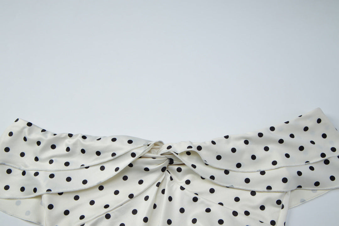 Polka dot ruffle off shoulder self tie maxi skirt set