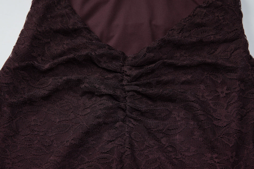 Halter self tie v neck ruffle lace ruched mini dress