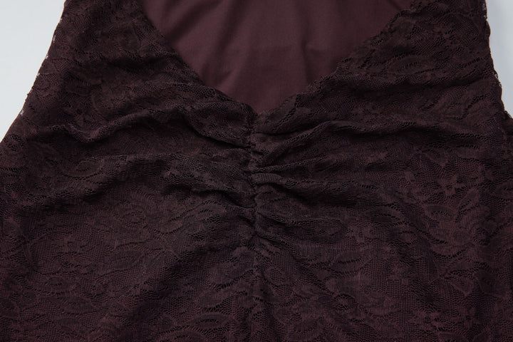 Halter self tie v neck ruffle lace ruched mini dress