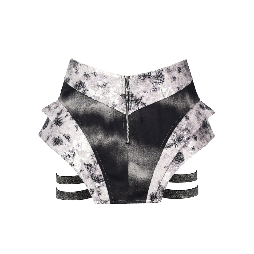 Zip-up glitter hollow out denim low rise pant