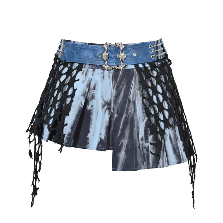 Pleated irregular A line denim metal chain mini skirt