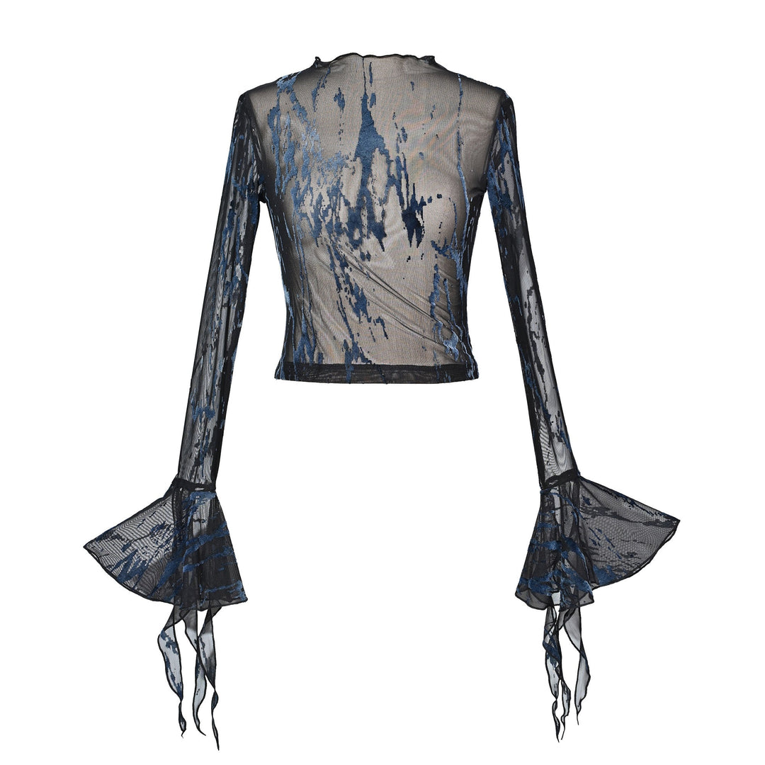 Long flared sleeve mesh print metal chain top
