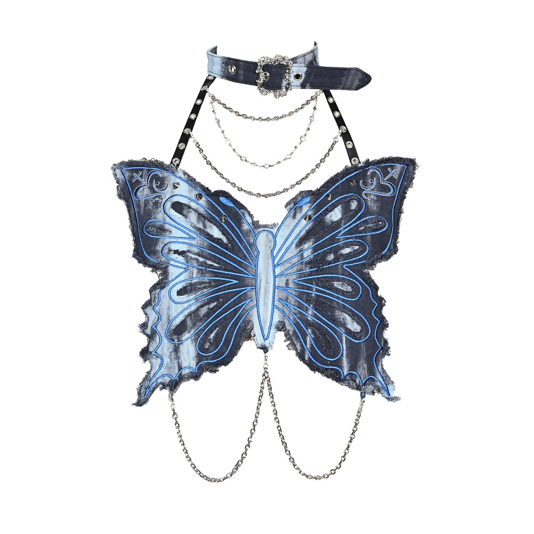 Long flared sleeve mesh print metal chain top