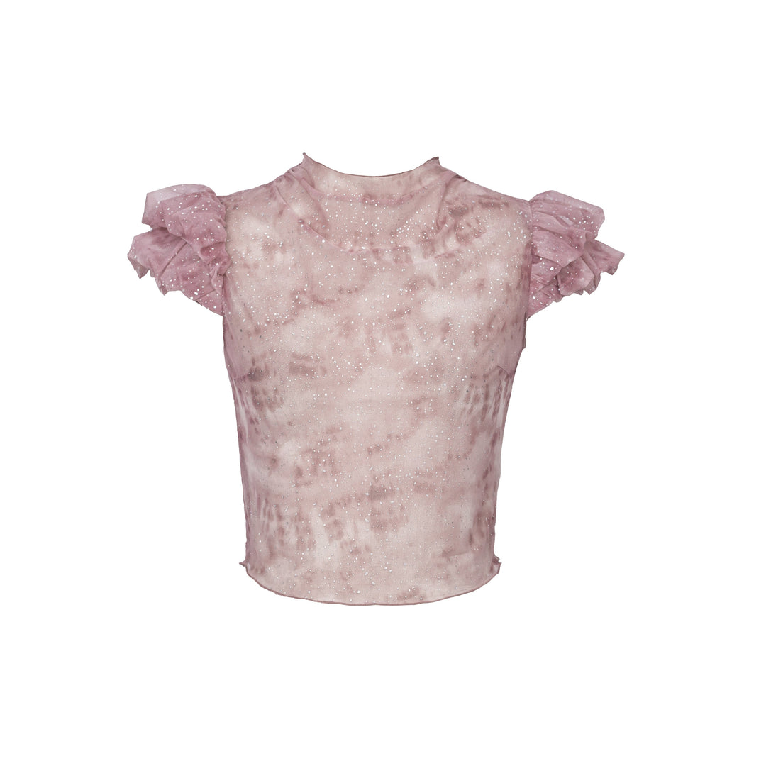 Crewneck cap sleeve ruched print top