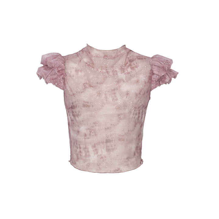 Crewneck cap sleeve ruched print top