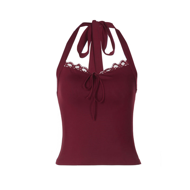 Self tie halter lace hem backless solid top