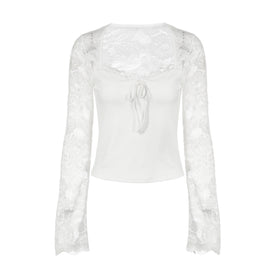 Long sleeve lace self tie solid patchwork top  | Festival Outfits Women