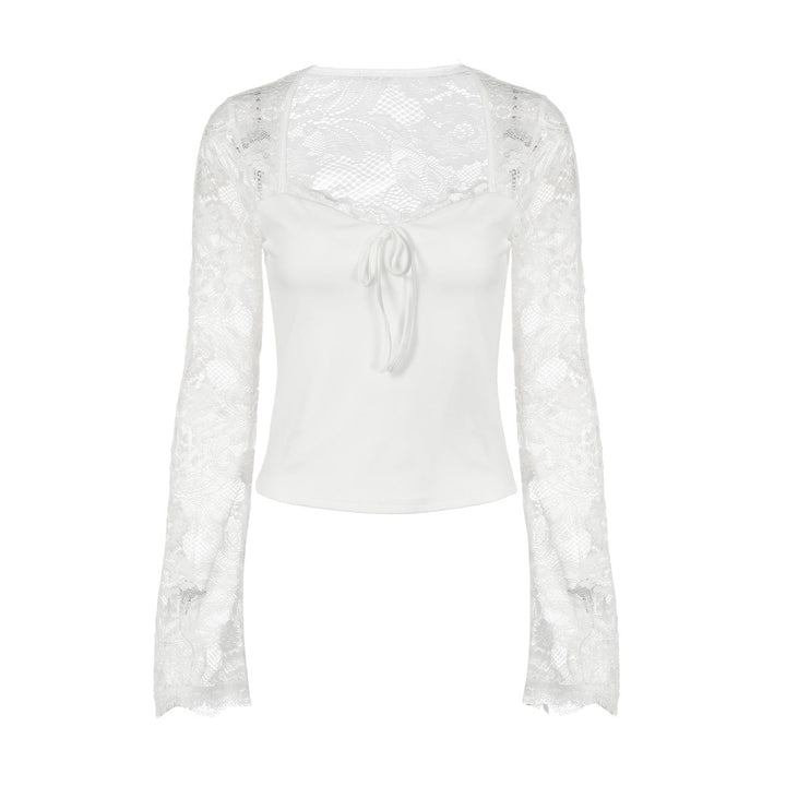 Long sleeve lace self tie solid patchwork top