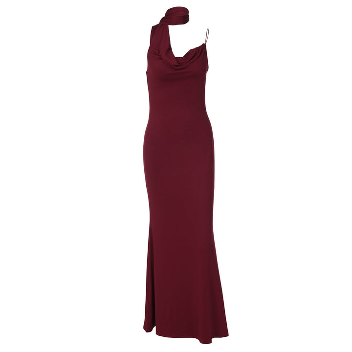 Irregular cowl neck backless spaghetti strap maxi dress