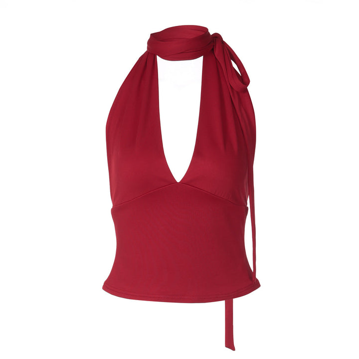 Halter self tie v neck backless solid top