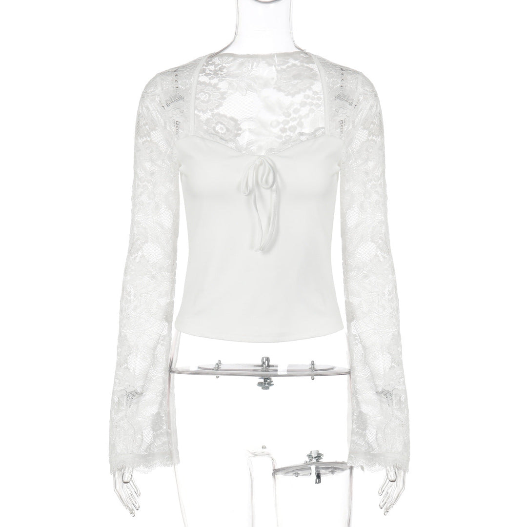 Long sleeve lace self tie solid patchwork top
