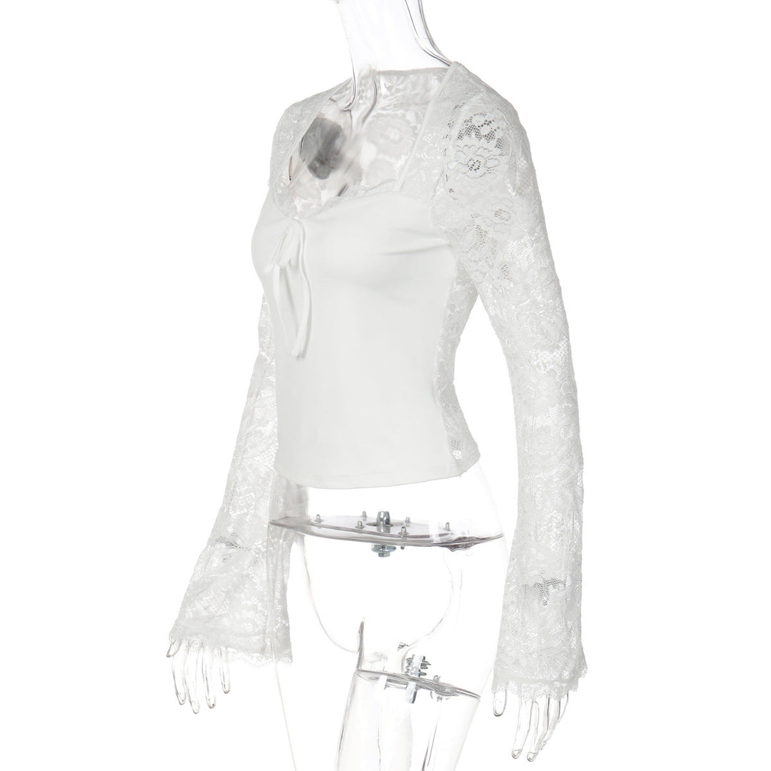 Long sleeve lace self tie solid patchwork top