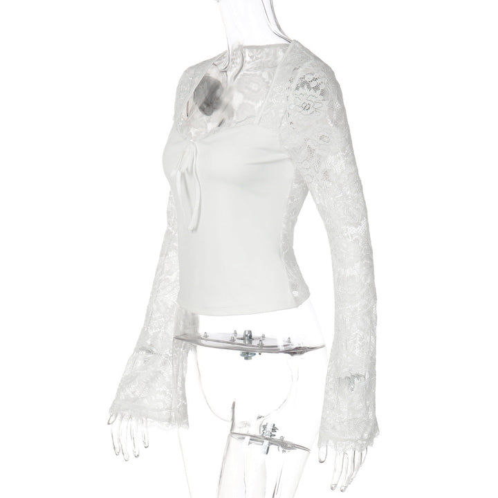 Long sleeve lace self tie solid patchwork top