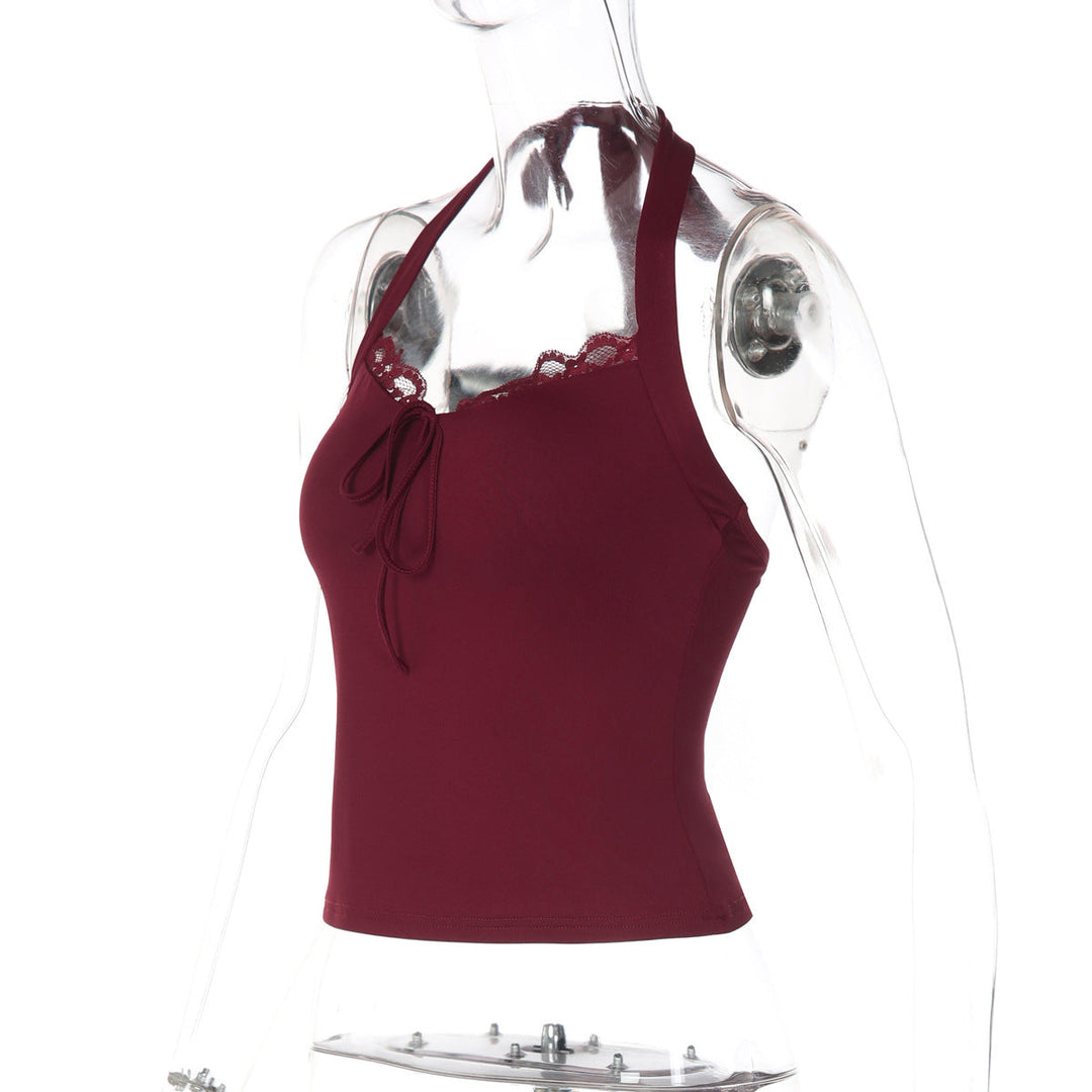 Self tie halter lace hem backless solid top