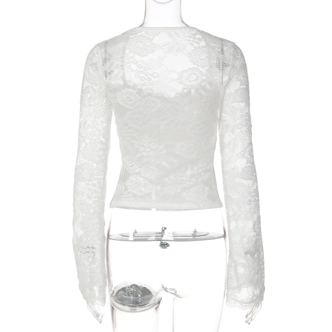 Long sleeve lace self tie solid patchwork top