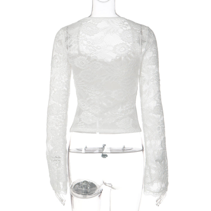 Long sleeve lace self tie solid patchwork top