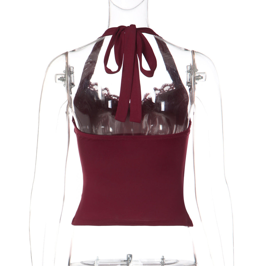 Self tie halter lace hem backless solid top