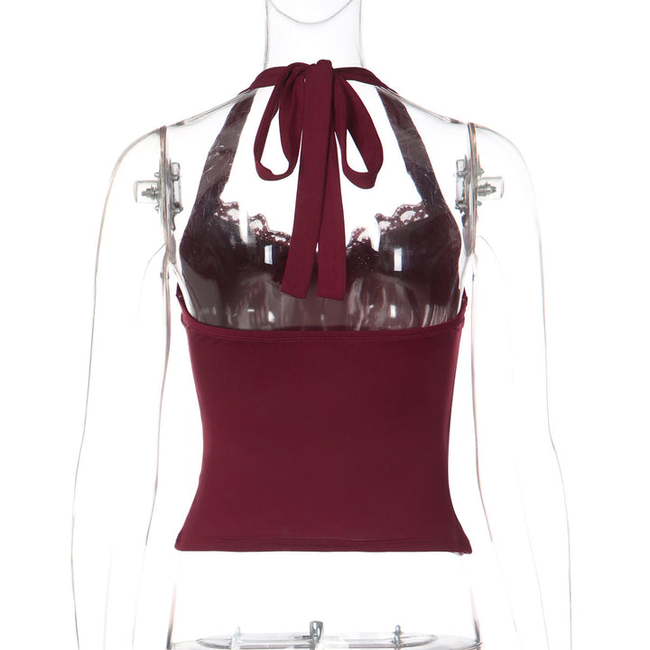 Self tie halter lace hem backless solid top