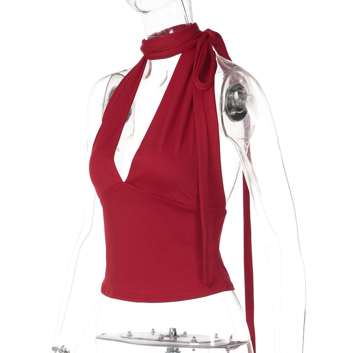 Halter self tie v neck backless solid top