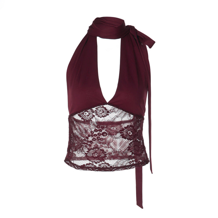 Halter v neck lace self tie backless top