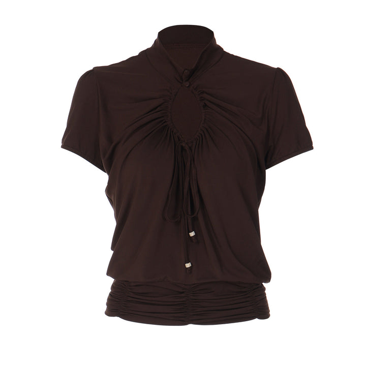 Hollow out ruched short sleeve self tie top